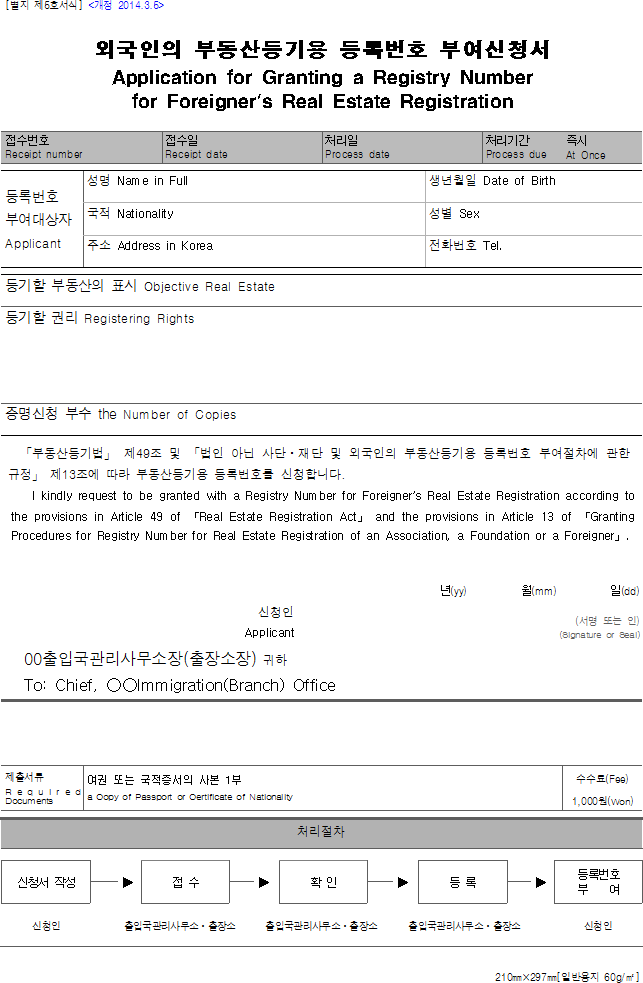 외국인의 부동산등기용 등록번호 부여신청서